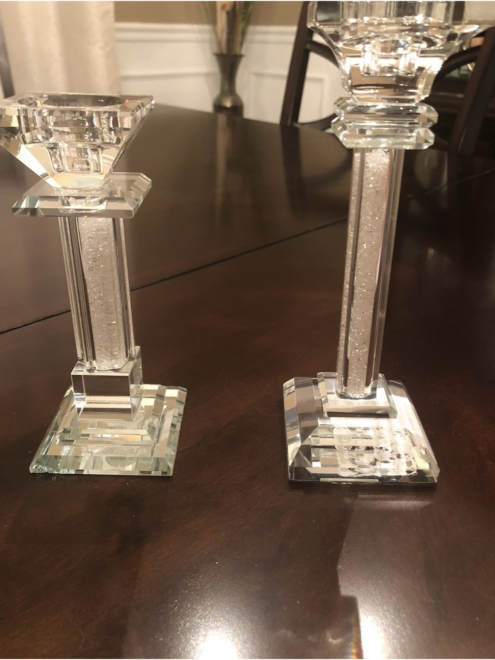 Crystal Glass Candlestick Holders with crushed gemstones set of 2 - Clear